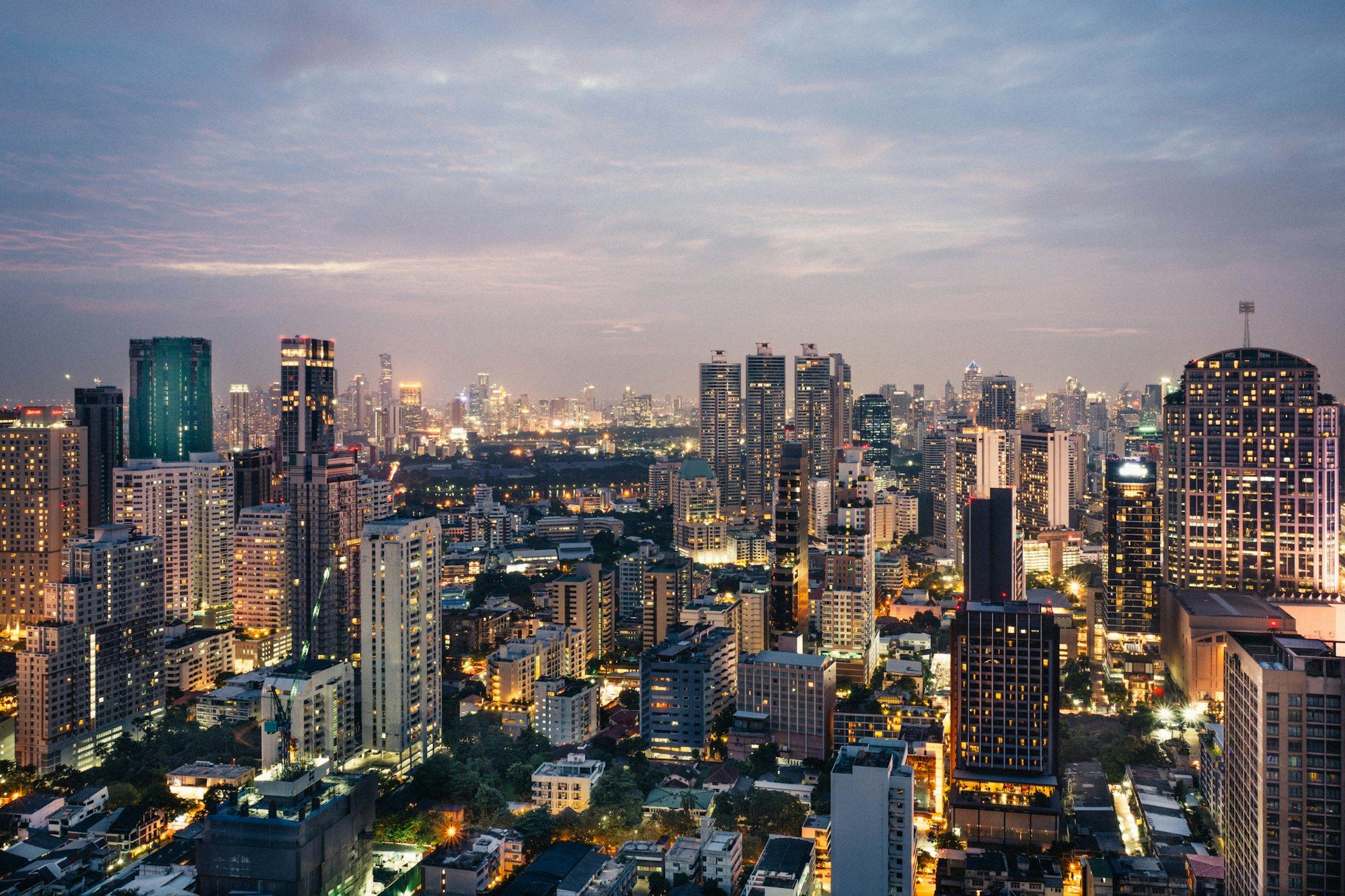 Aerial view of Bangkok's skyline and the Chao Phraya river